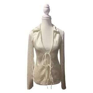 Zara Women's Ivory Tie‎ Front Blouse Size M Long Sleeve Casual